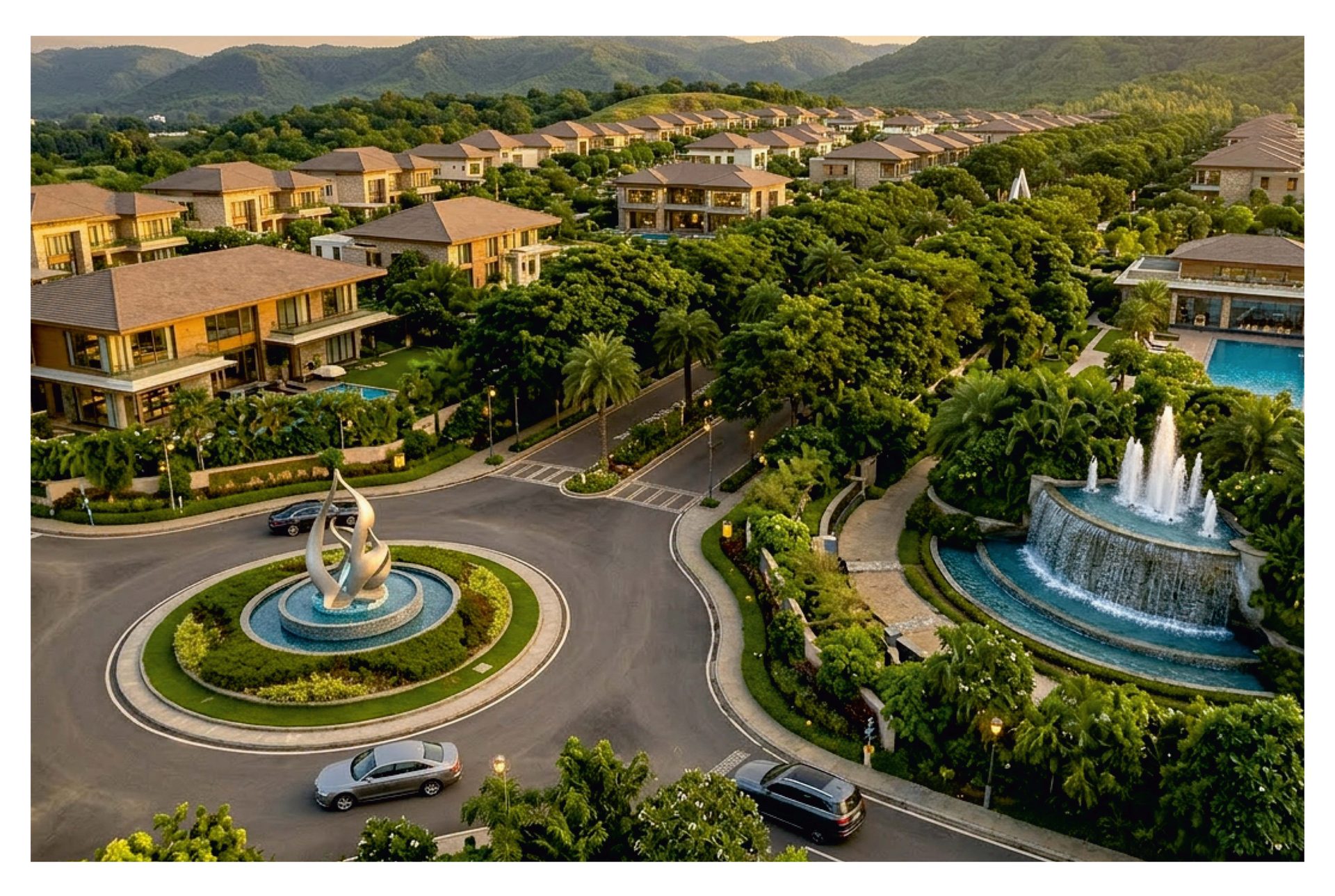Illustrative aerial of the Lincoln Hills estate showing villas, greens and water features