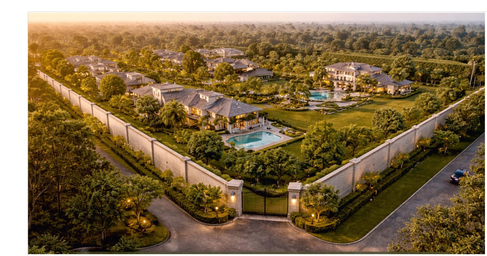 The estate's boundary wall with integrated perimeter lighting