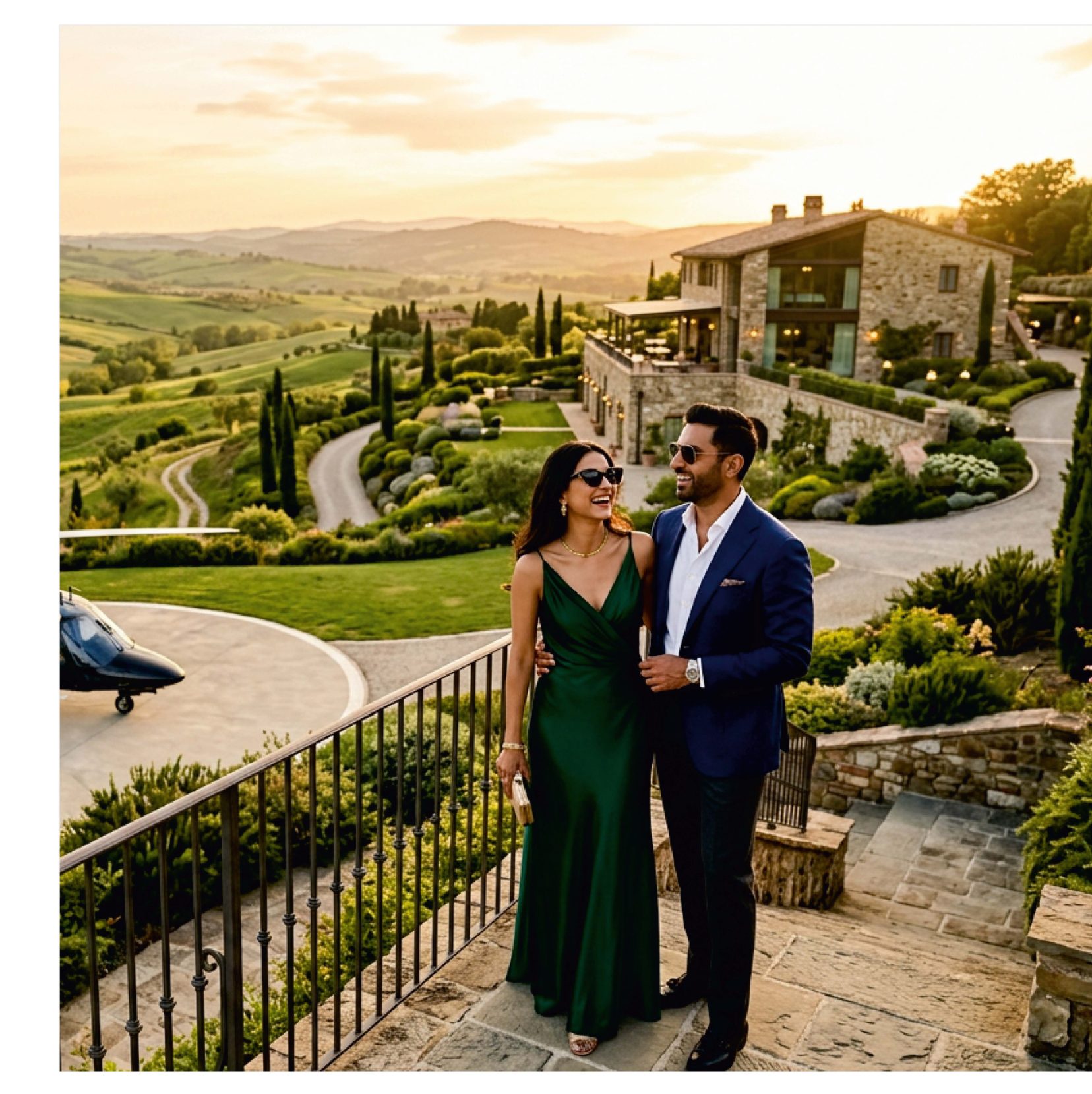 A couple on the terrace of an estate residence overlooking the Shivalik hills