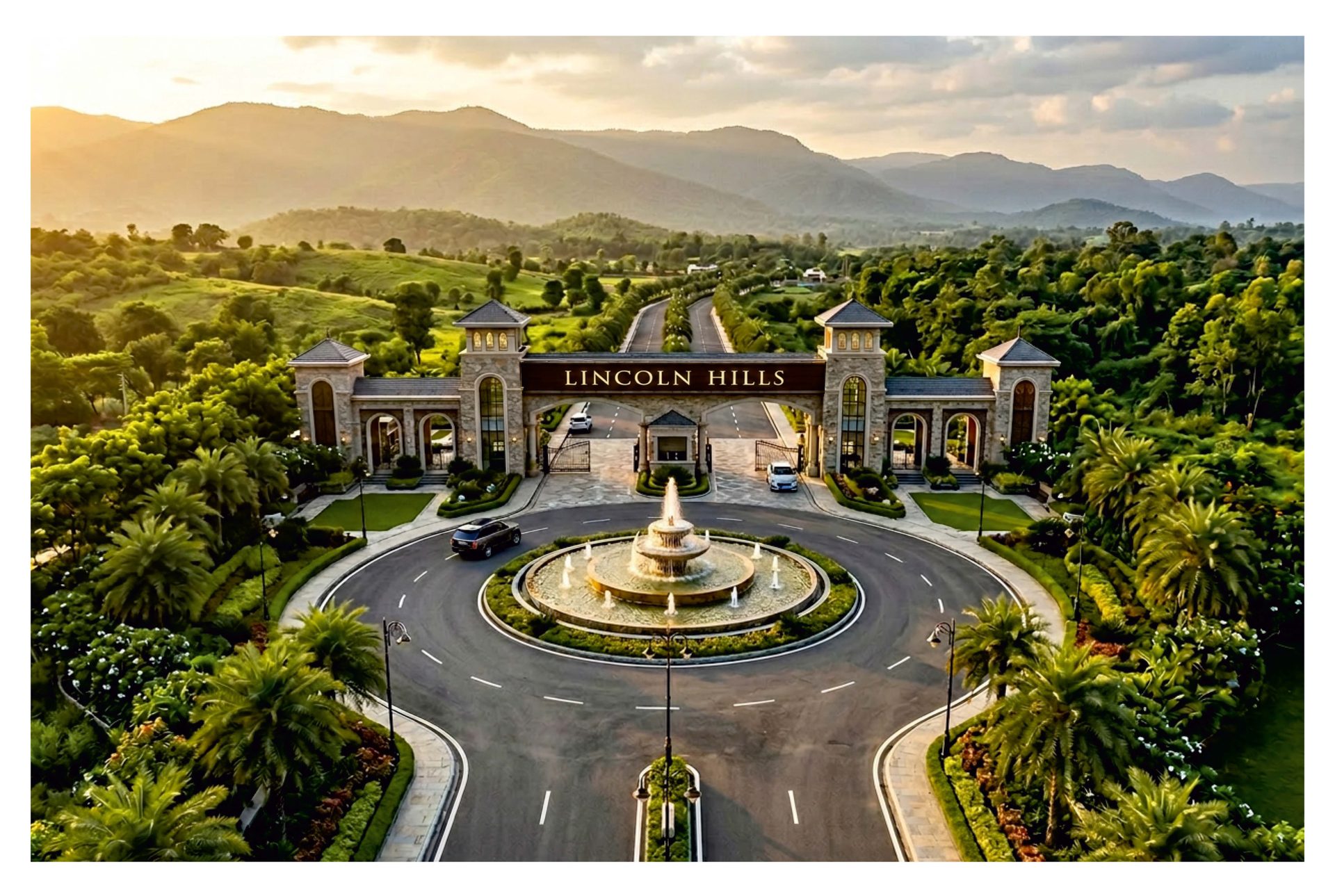 The grand arrival gate at Lincoln Hills against the foothills
