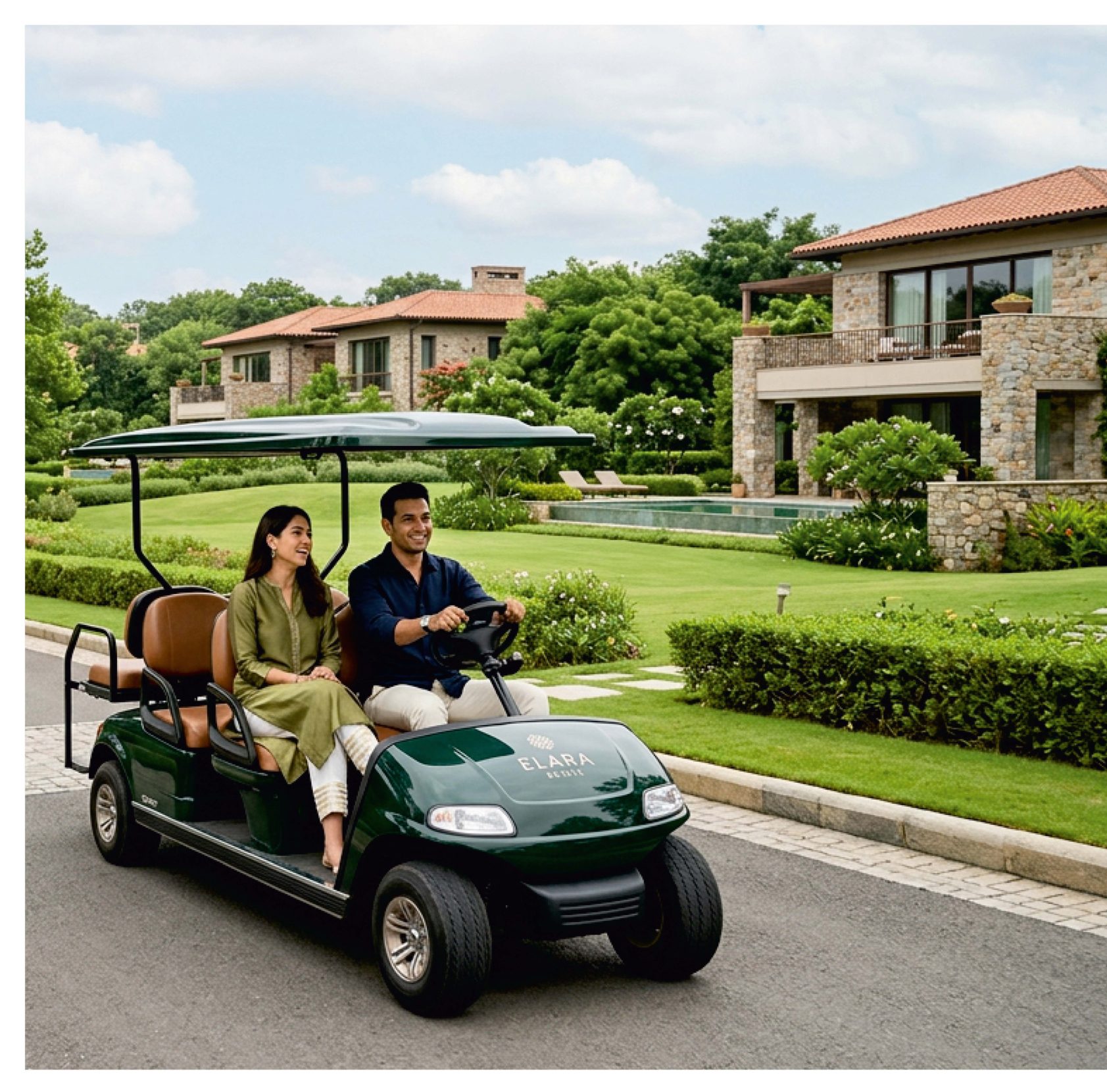 A golf cart on a landscaped, vehicle-free walkway