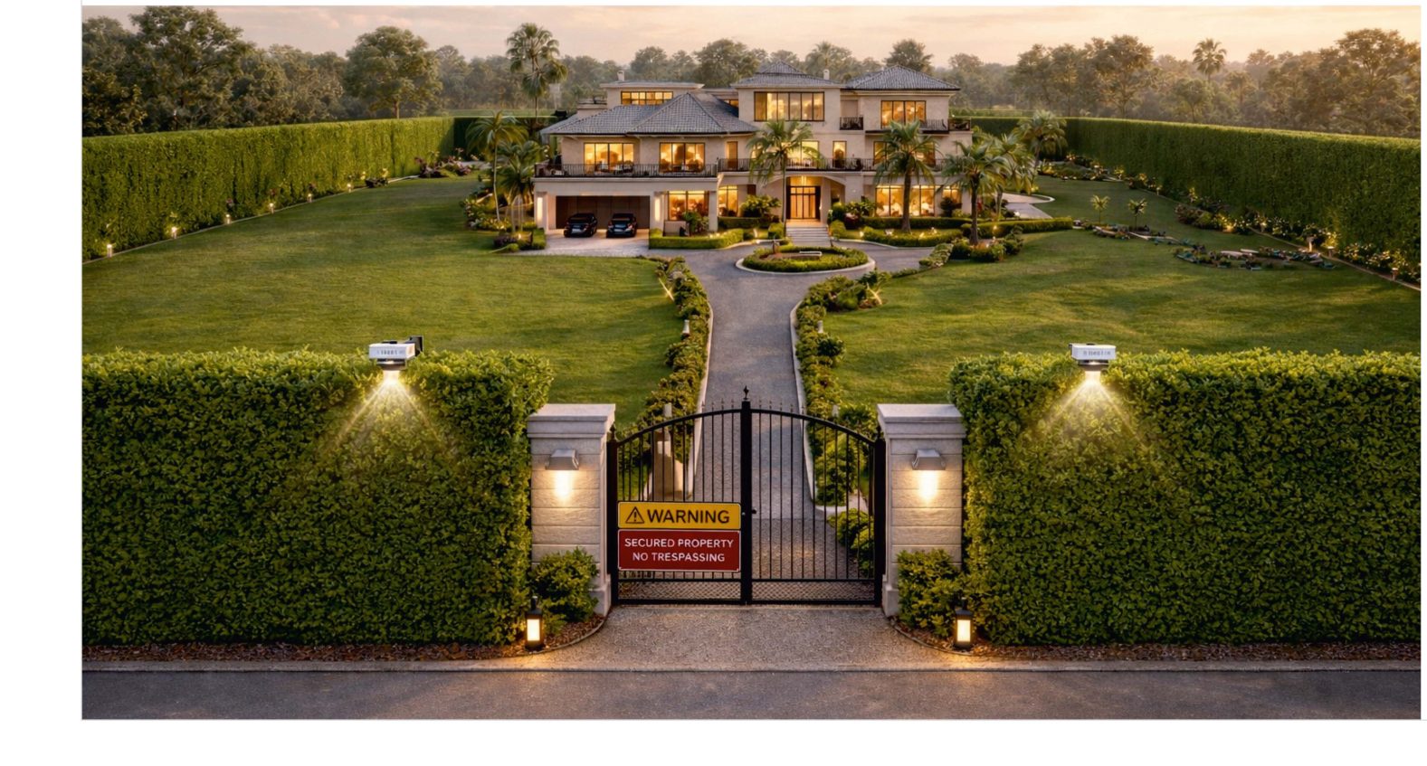 A dense green hedge boundary around an estate residence