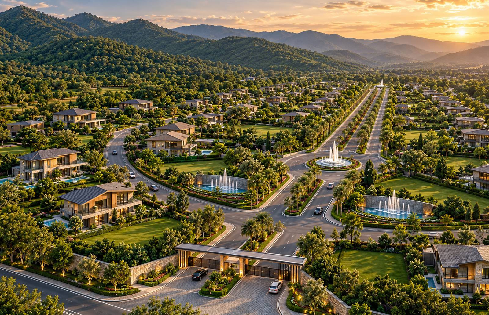 Aerial view of the 100-acre Lincoln Hills gated estate at sunset, with tree-lined avenues and fountains