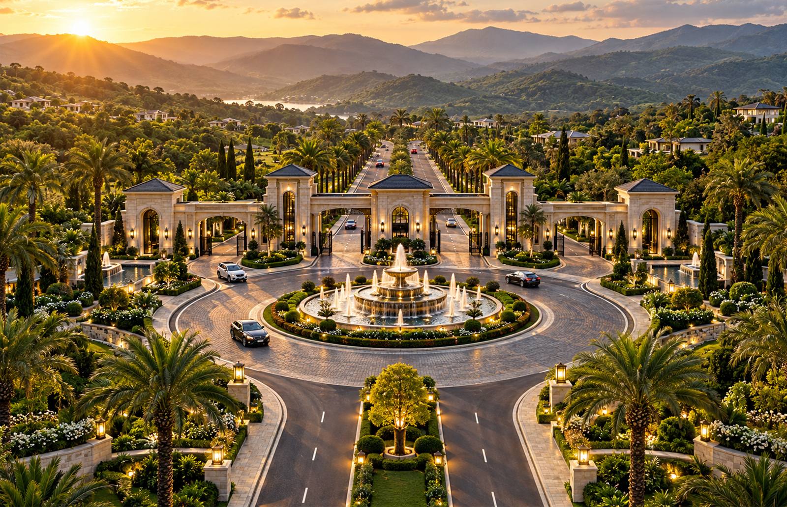 The grand Lincoln Hills entrance gateway and fountain roundabout, lit at dusk