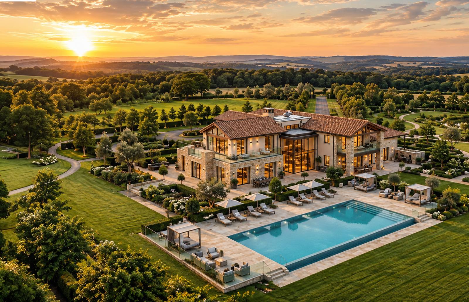 An estate residence with a private pool, cabanas and sweeping lawns at sunset