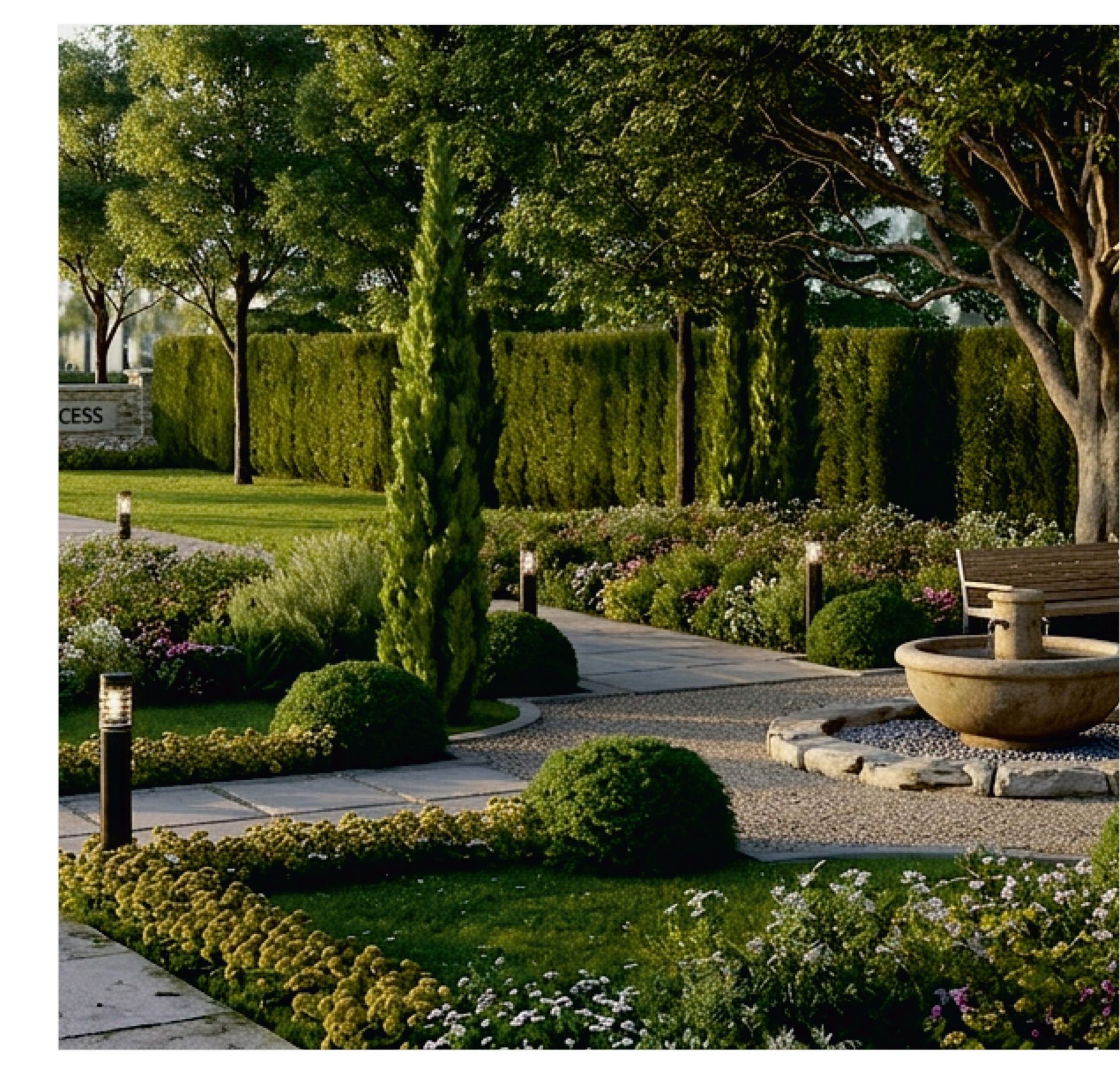 Landscaped gardens and walkways at Lincoln Hills