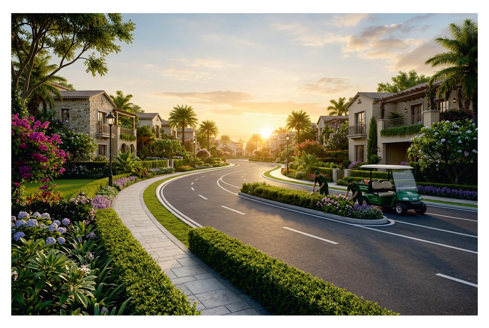 A landscaped internal boulevard at Lincoln Hills, Panchkula Extension, at sunset
