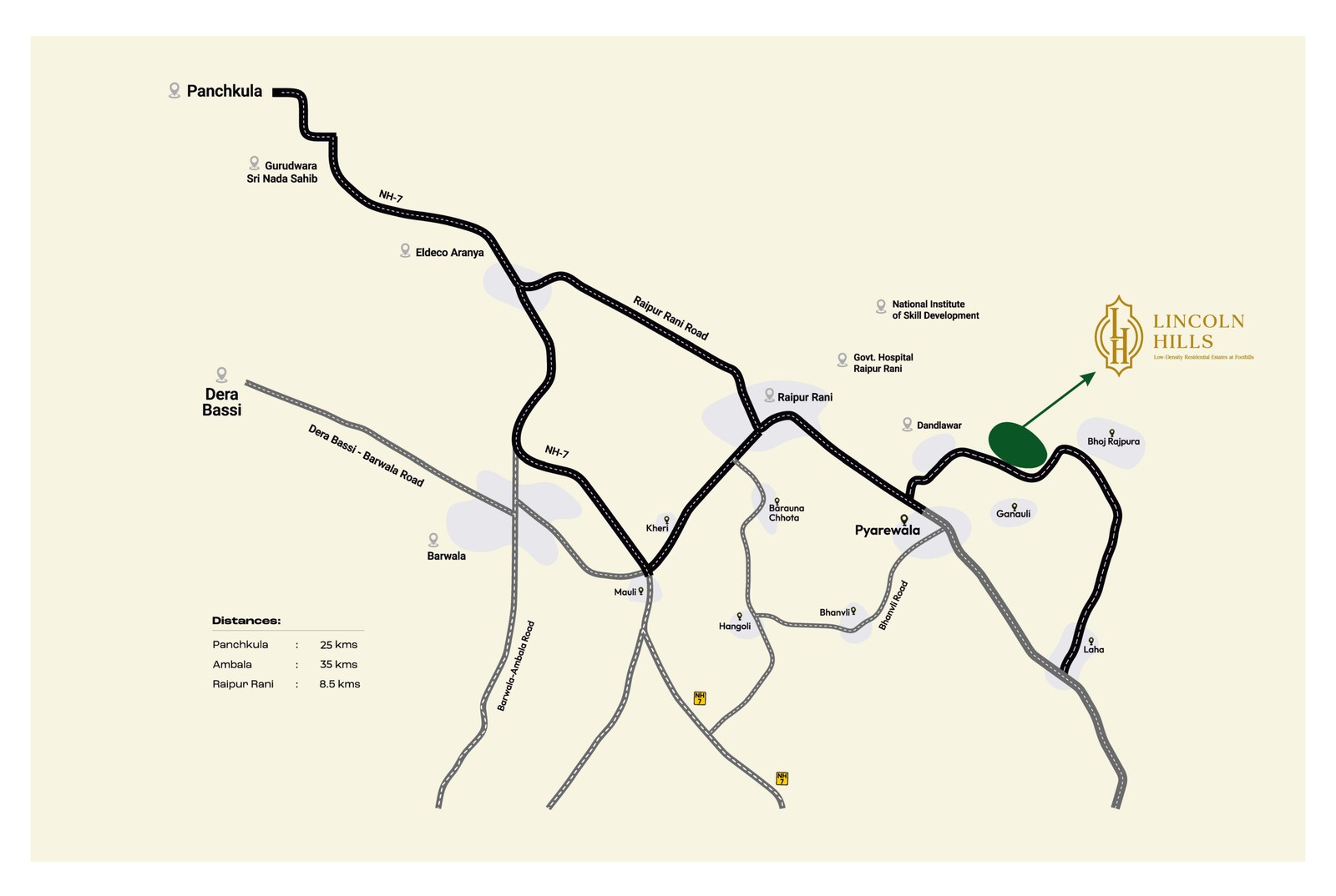Location map of Lincoln Hills near Morni Hills, showing Panchkula, Raipur Rani, NH-7 and surrounding roads
