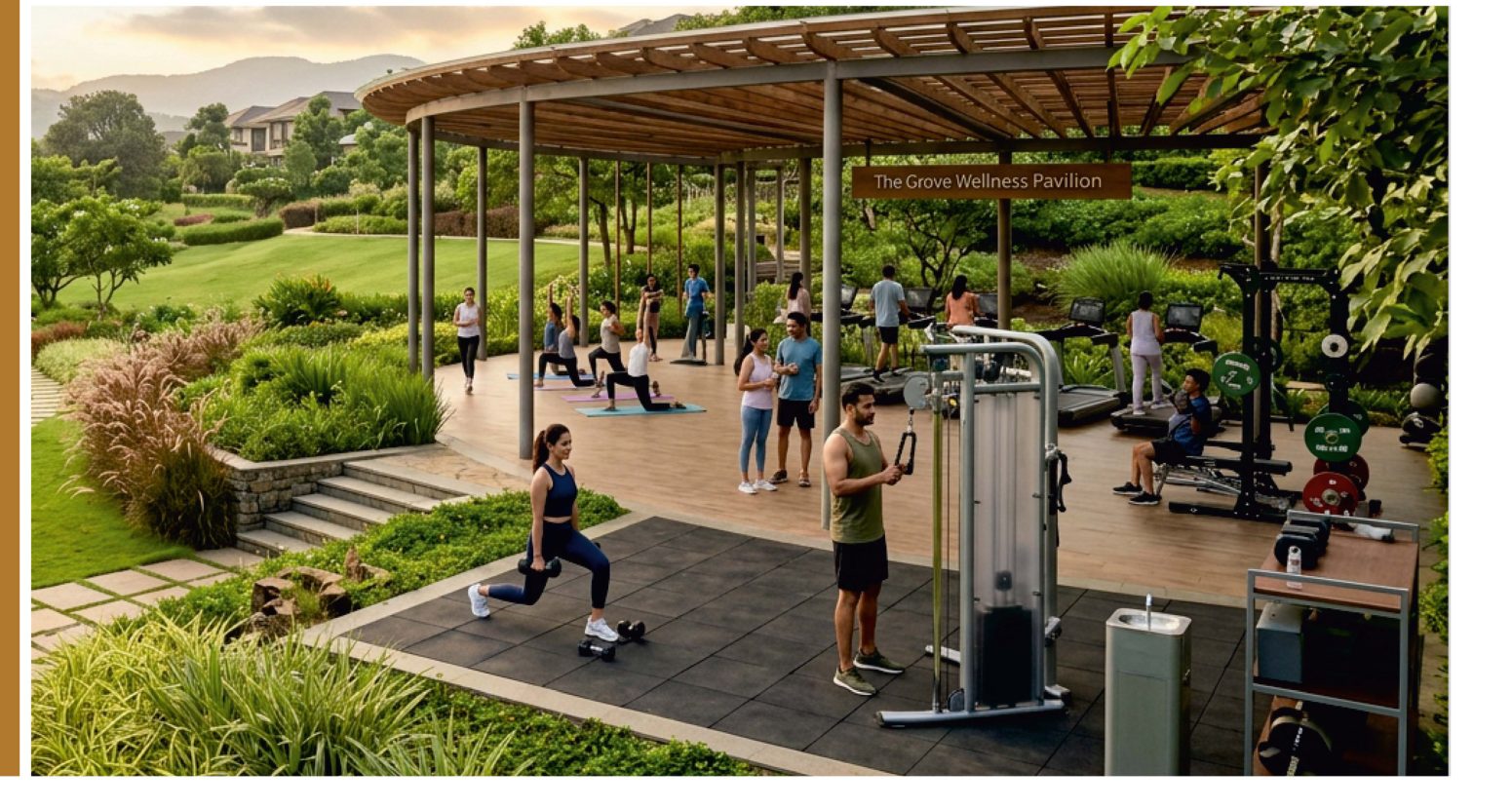 An open-air gymnasium set amid landscaped greens