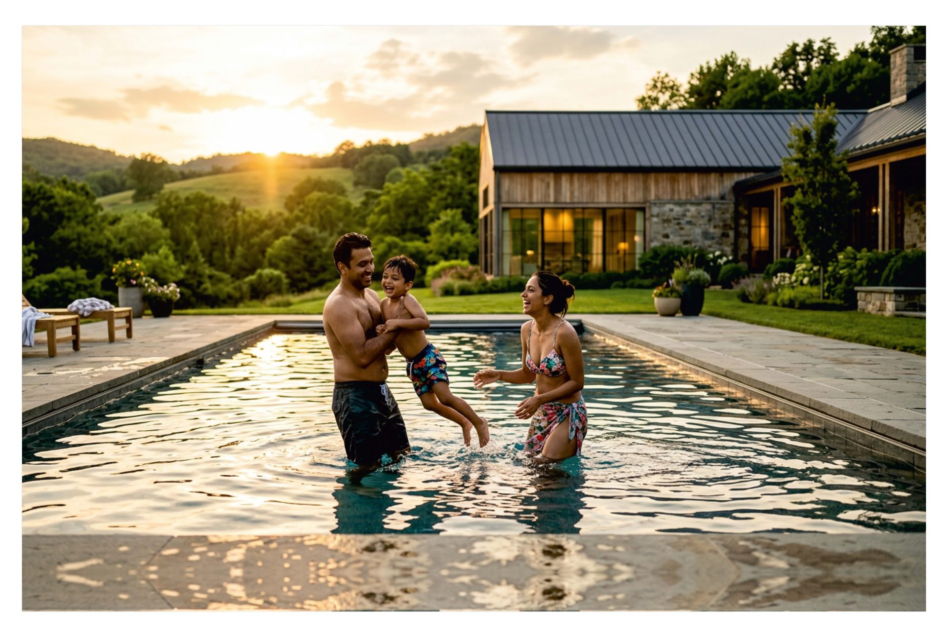 A family in a private villa pool at Lincoln Hills at dusk