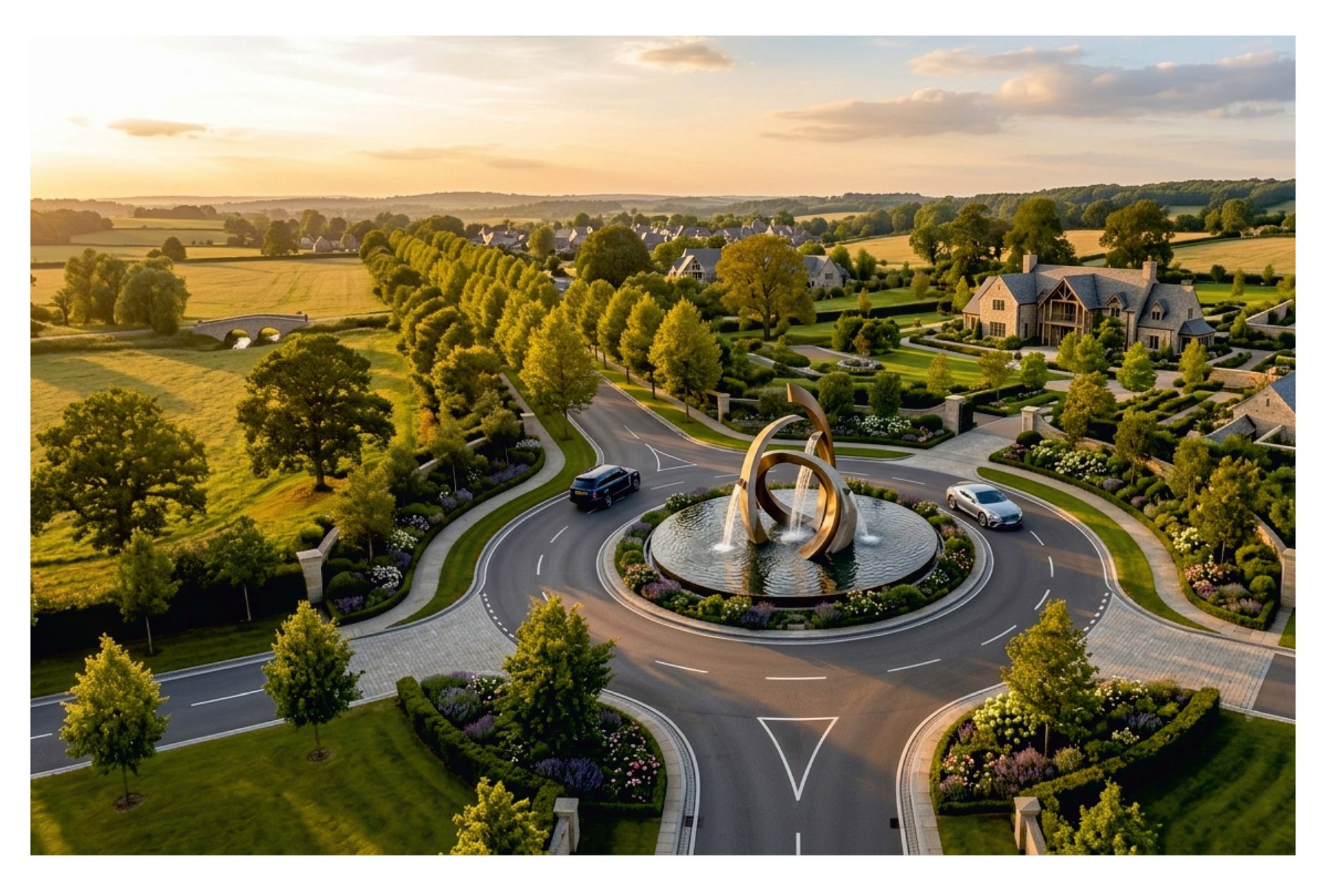 A sculptural, landscaped roundabout on the estate's central axis